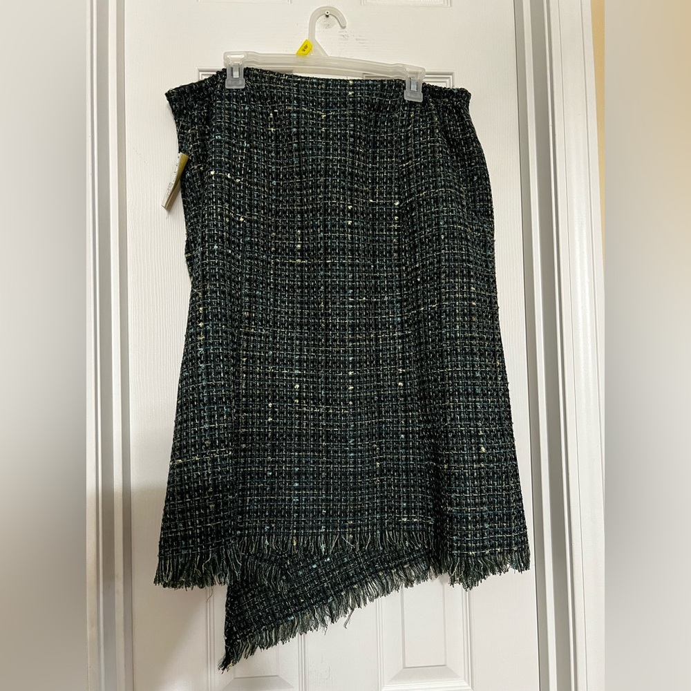 Navy, Green & Yellow Metallic Classic Tweed Asymmetrical Frayed Edge Skirt. - Picture 5 of 14